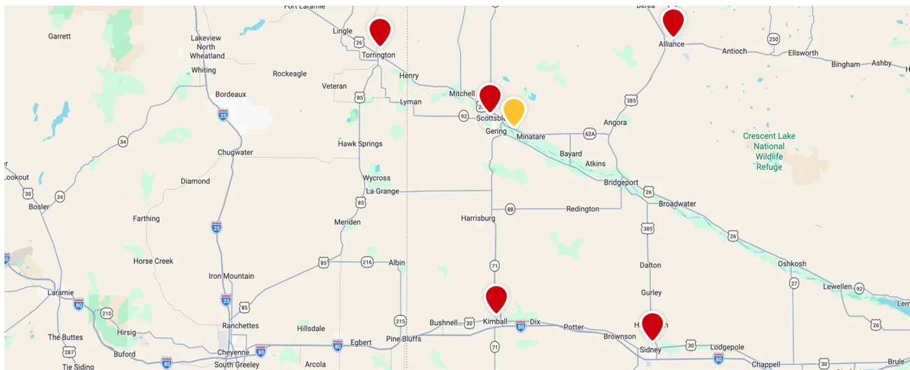 Map of the Gering Valley Plumbing & Heating service area across the Nebraska Panhandle and eastern Wyoming