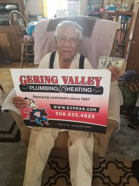 November yard-sign winner Joe S with their Gering Valley Plumbing & Heating sign